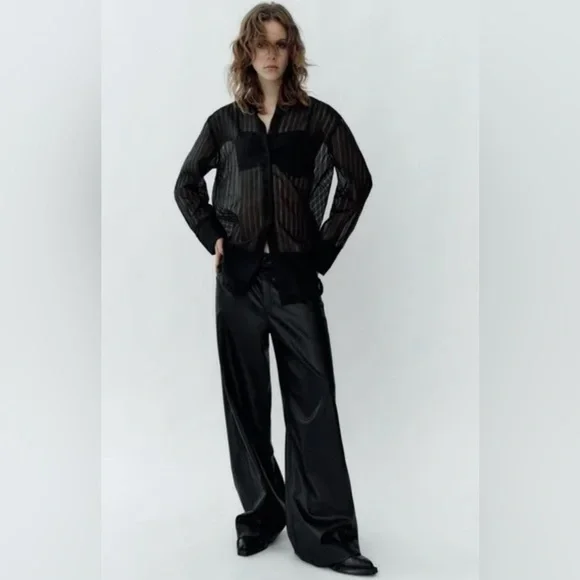 Zara OVERSIZED STRIPED ORGANZA SHIRT. Black. Size XS-S. New with Tags. - Picture 3 of 9